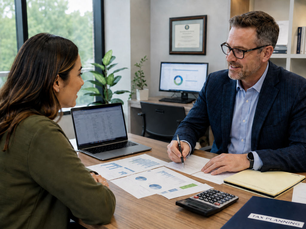 Taxpayer completing a mid-year tax check-up with a tax professional while reviewing income, withholding, retirement contributions, and estimated taxes.